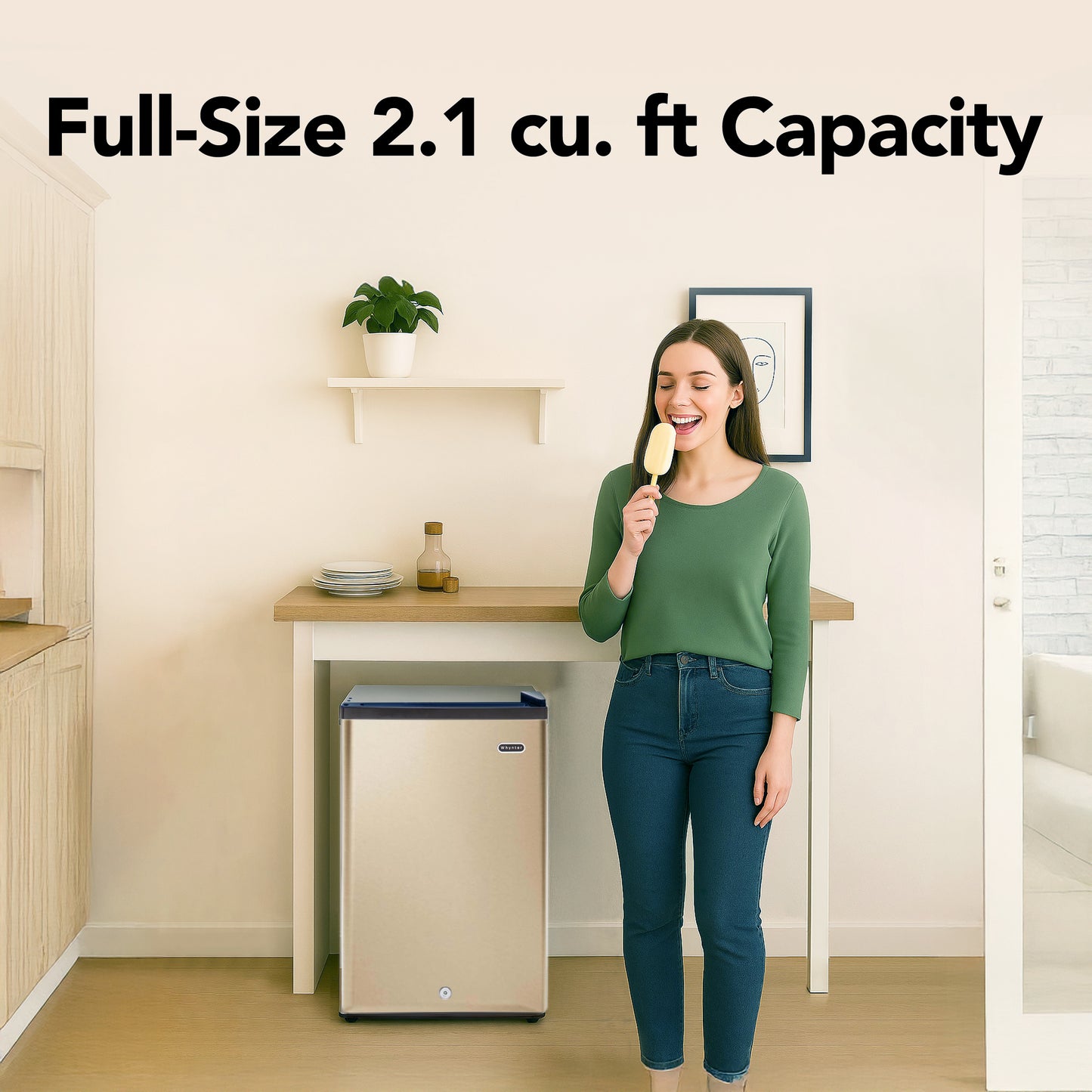 CUF‑210SSG Woman standing next to a small refrigerator with text indicating capacity