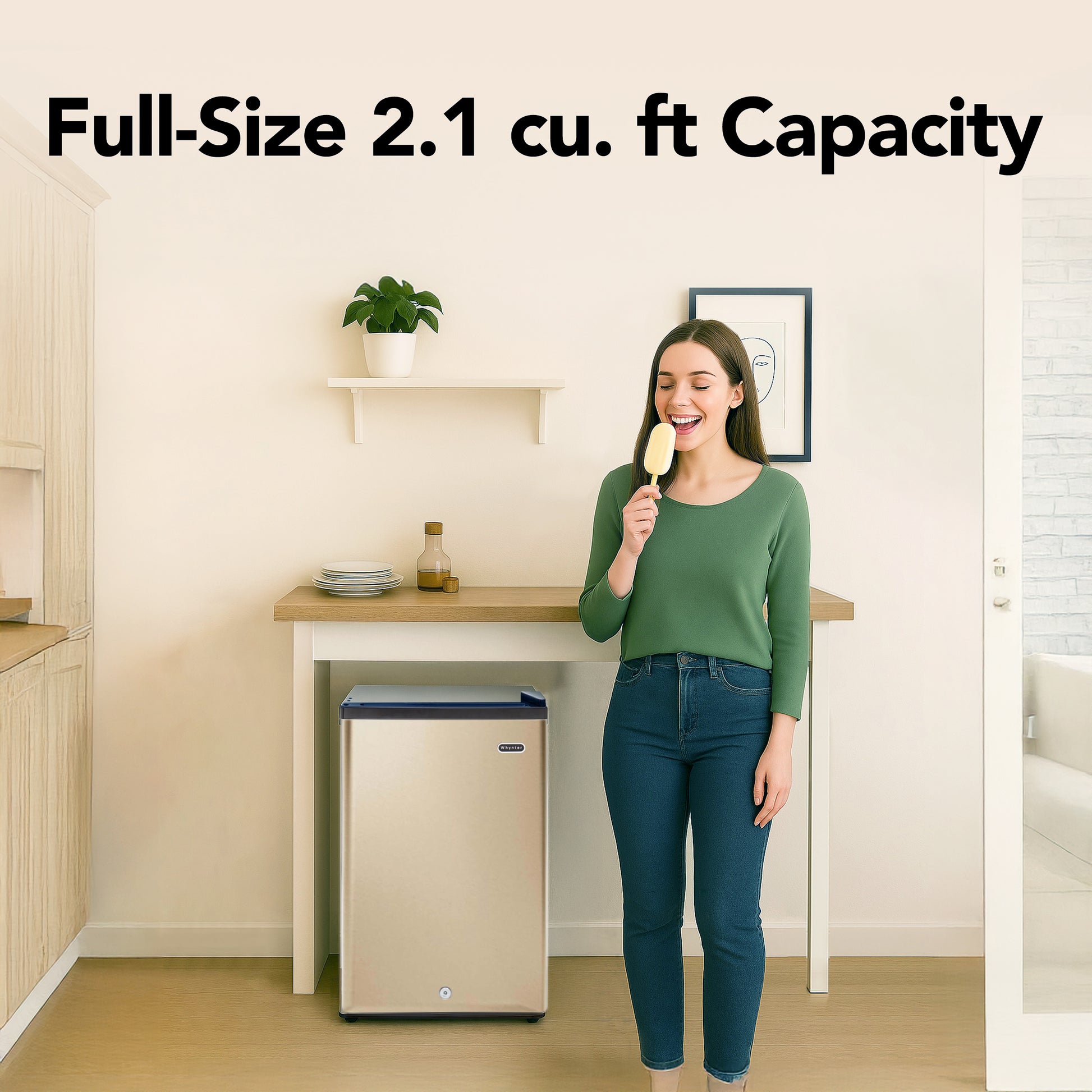 CUF‑210SSG Woman standing next to a small refrigerator with text indicating capacity