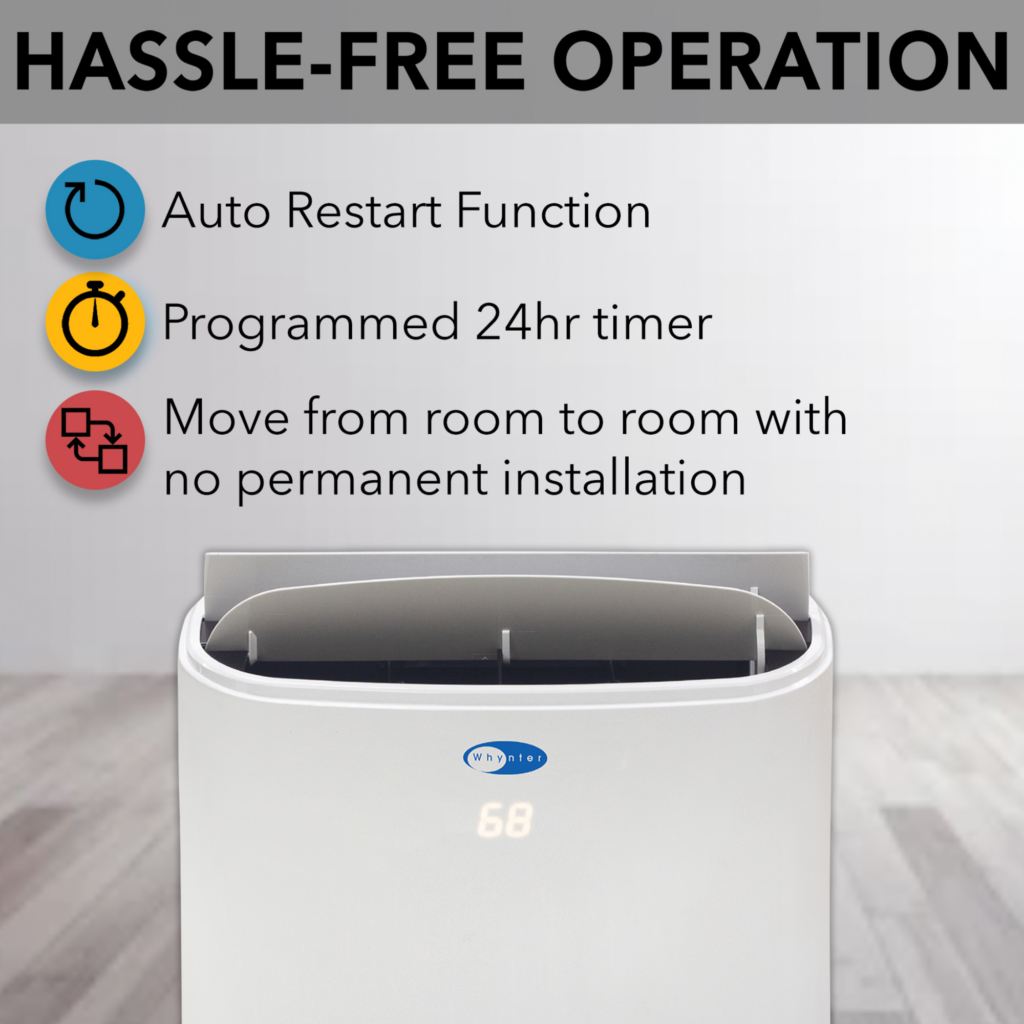 Air purifier with features listed on a gray background