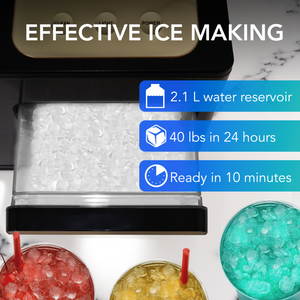Whynter IBX-388BG Ice maker with text highlighting features like water reservoir capacity, ice production rate, and quick readiness time.
