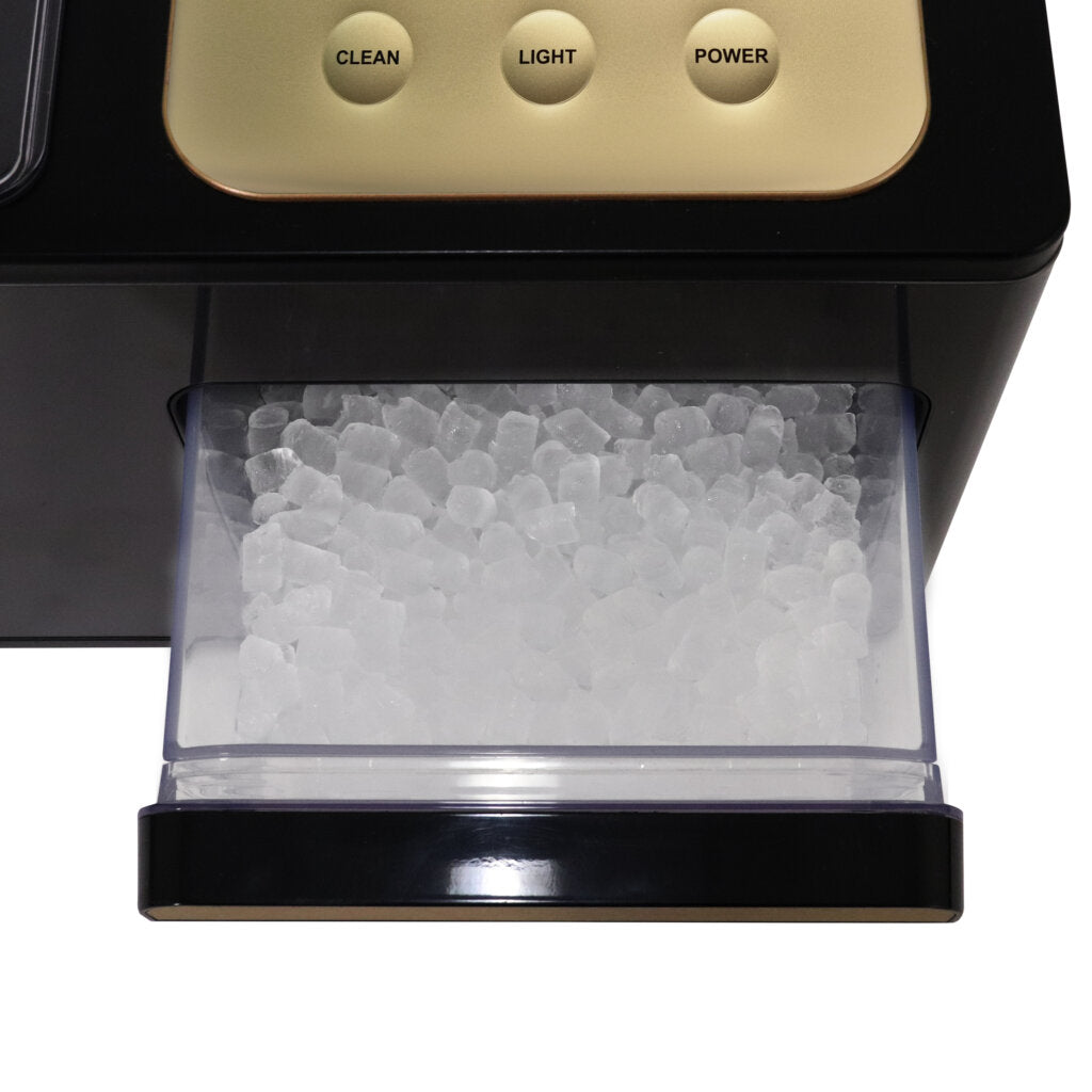 Whynter IBX-388BG Ice maker with a clear container filled with ice cubes on a white background