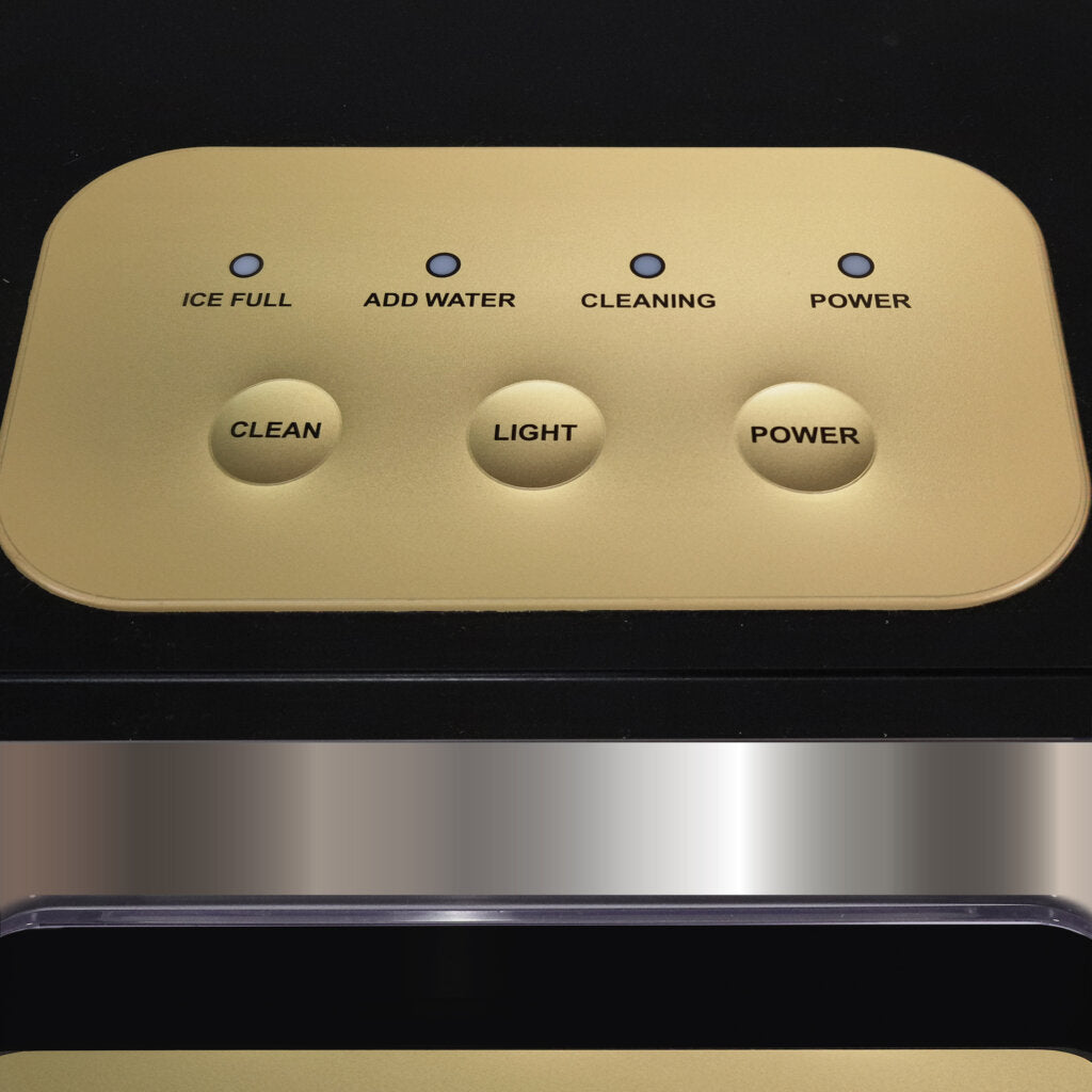 Whynter IBX-388BG Control panel with buttons labeled 'Ice Full', 'Add Water', 'Cleaning', 'Power', 'Clean', 'Light', and 'Power' on a black background.