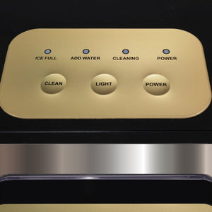 Whynter IBX-388BG Control panel with buttons labeled 'Ice Full', 'Add Water', 'Cleaning', 'Power', 'Clean', 'Light', and 'Power' on a black background.
