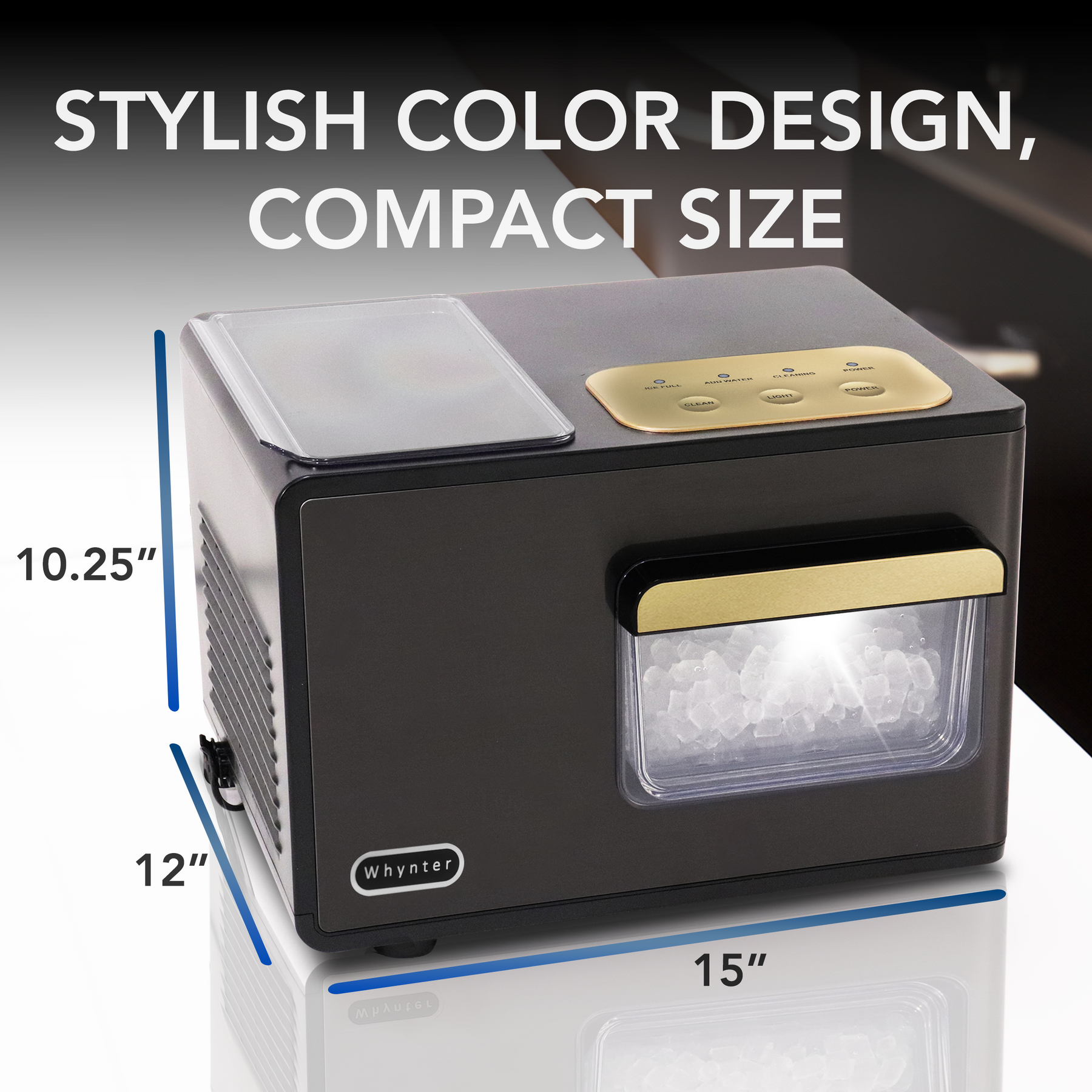 Compact oven with stylish design and dimensions displayed