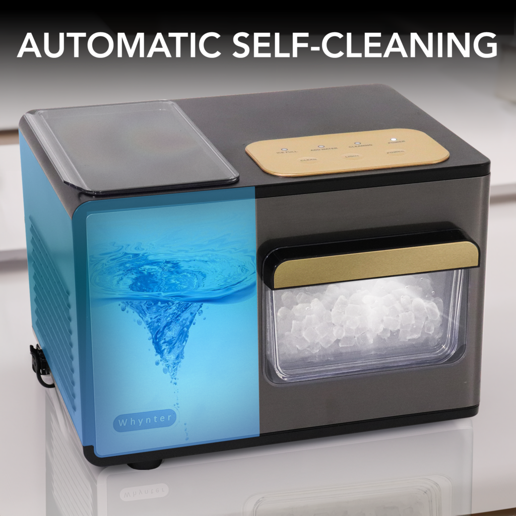 Whynter IBX-388BG Automatic self-cleaning appliance with water and cleaning solution compartments on a light background
