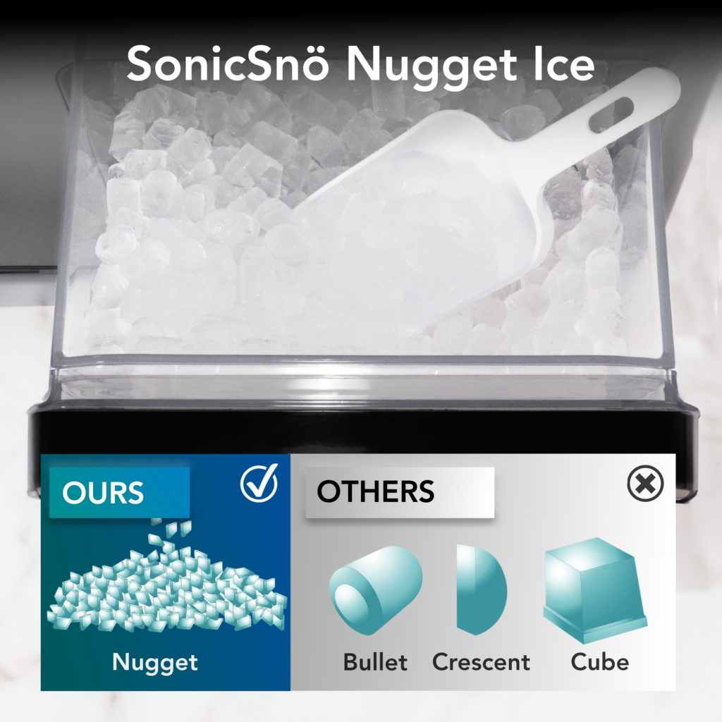 Whynter IBX-388BG Ice maker with SonicSnö Nugget Ice and a comparison of different ice shapes.