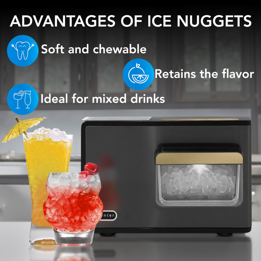 Whynter IBX-388BG Ice maker with two drinks, one with a yellow umbrella and another with red berries, on a kitchen counter.