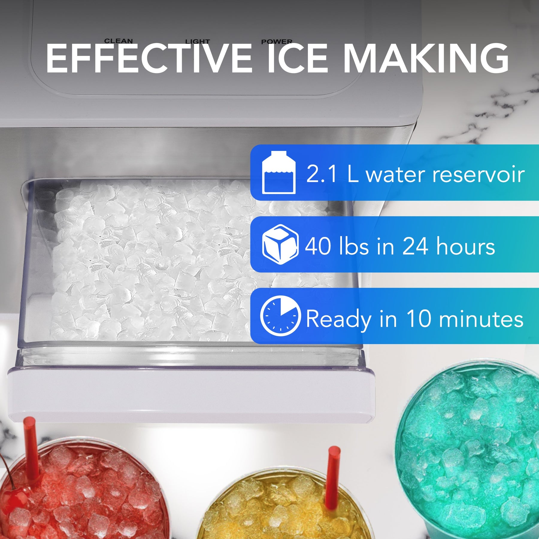 IBX-388WS Ice maker with ice cubes and drinks, highlighting features like water reservoir capacity and ice production rate.