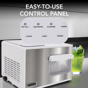 IBX-388WS Ice machine with control panel and a glass of mint julep on a reflective surface.