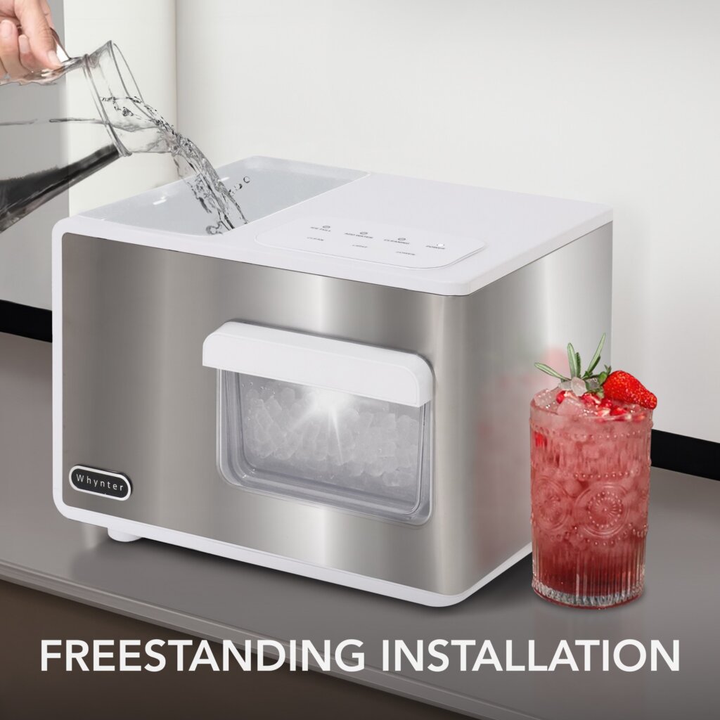 IBX-388WS Ice maker with a glass of red drink on a gray surface, text 'Freestanding Installation'.