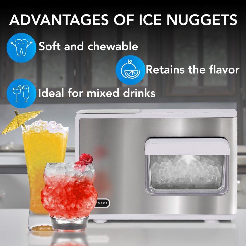 IBX-388WS Ice maker with ice nuggets and drinks on a kitchen counter, highlighting advantages of ice nuggets.