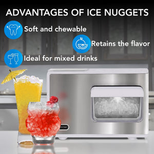 IBX-388WS Ice maker with ice nuggets and drinks on a kitchen counter, highlighting advantages of ice nuggets.