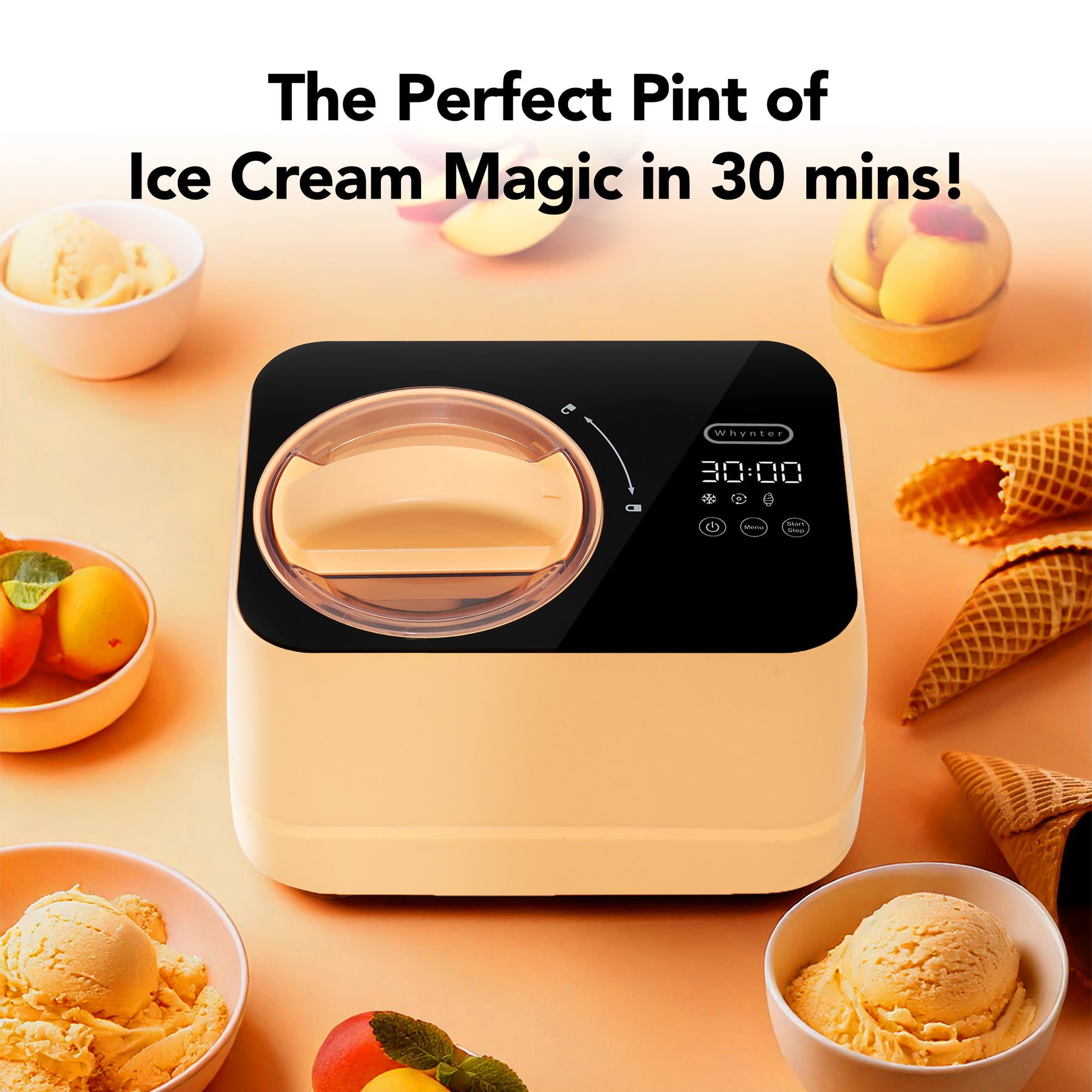 Whynter ICM-080-HP compact 0.8 Qt compressor ice cream maker in Honey Peach with LCD timer
