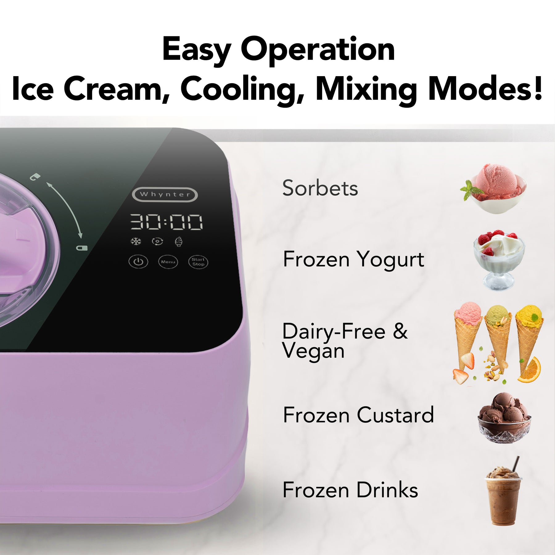 Whynter ICM-080-LH compact 0.8 Qt compressor ice cream maker in Lilac Haze with LCD timer