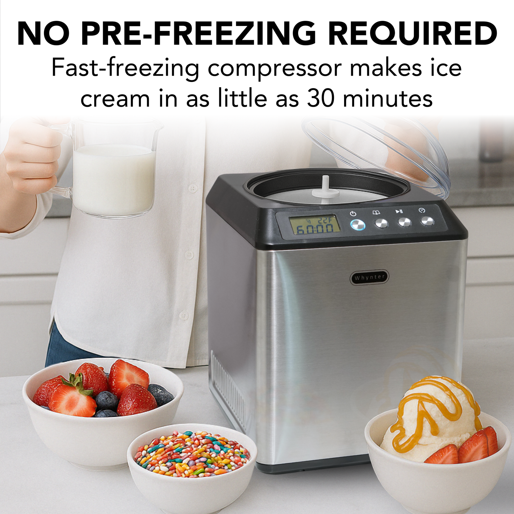 Ice cream maker with text 'No pre-freezing required' and 'Fast-freezing compressor makes ice cream in as little as 30 minutes'.