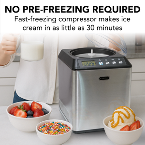 Ice cream maker with text 'No pre-freezing required' and 'Fast-freezing compressor makes ice cream in as little as 30 minutes'.