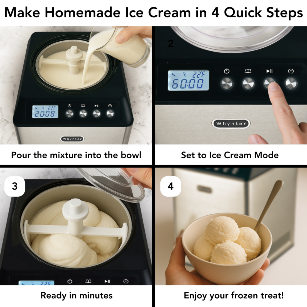 Step-by-step guide to making homemade ice cream using a Whynter ice cream maker.