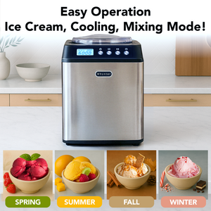 Ice cream maker with digital display on a kitchen counter, surrounded by images of ice cream.