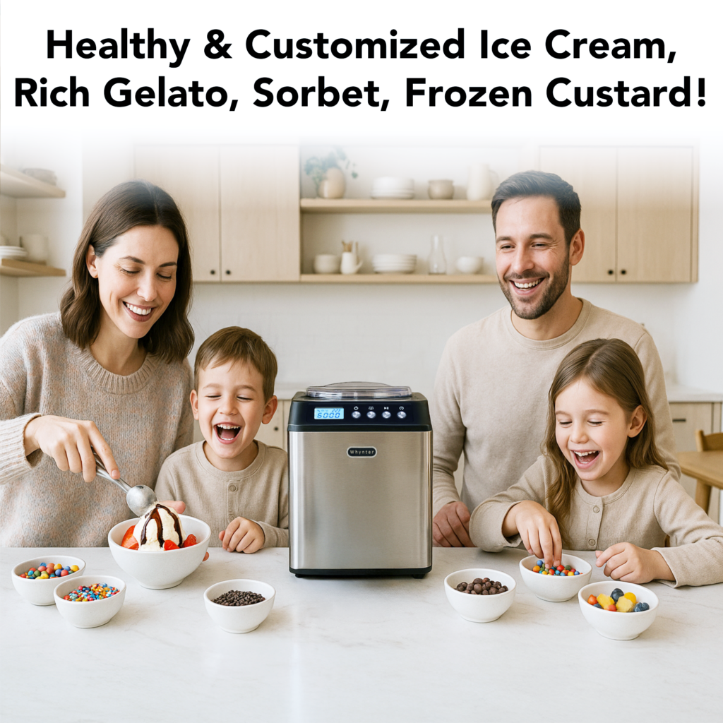 Family enjoying ice cream and frozen treats around a kitchen appliance.