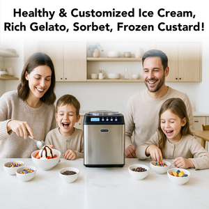 Family enjoying ice cream and frozen treats around a kitchen appliance.