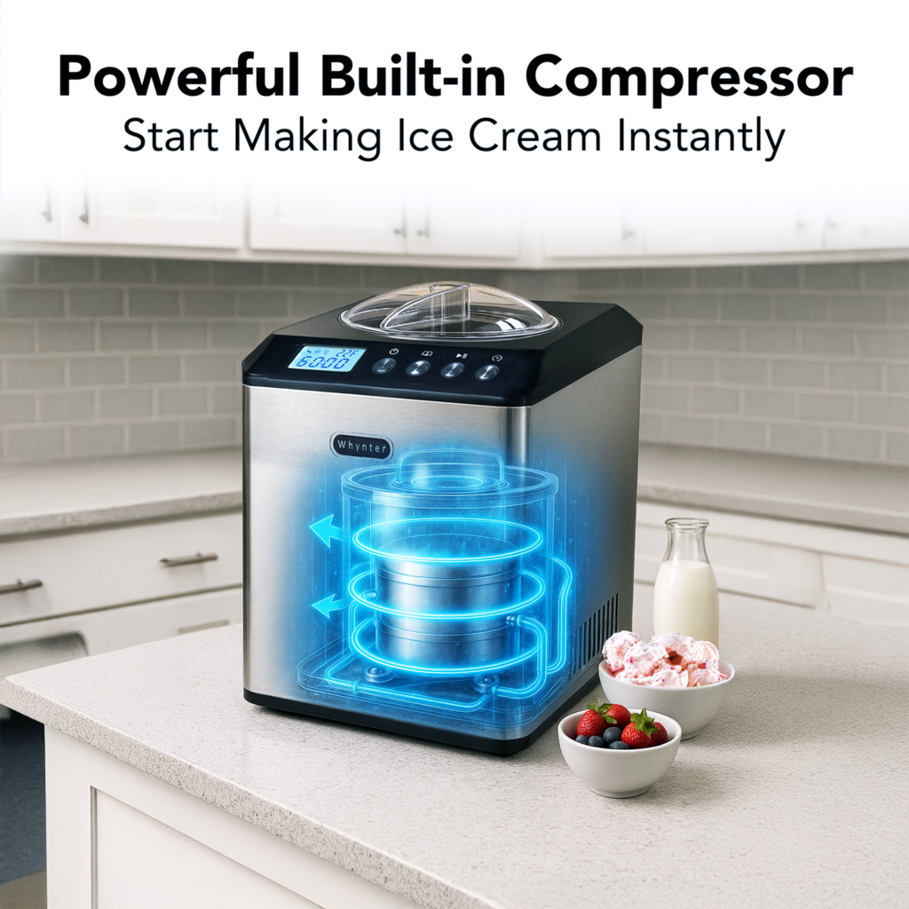 Ice cream maker with a digital display on a kitchen counter, surrounded by ingredients.