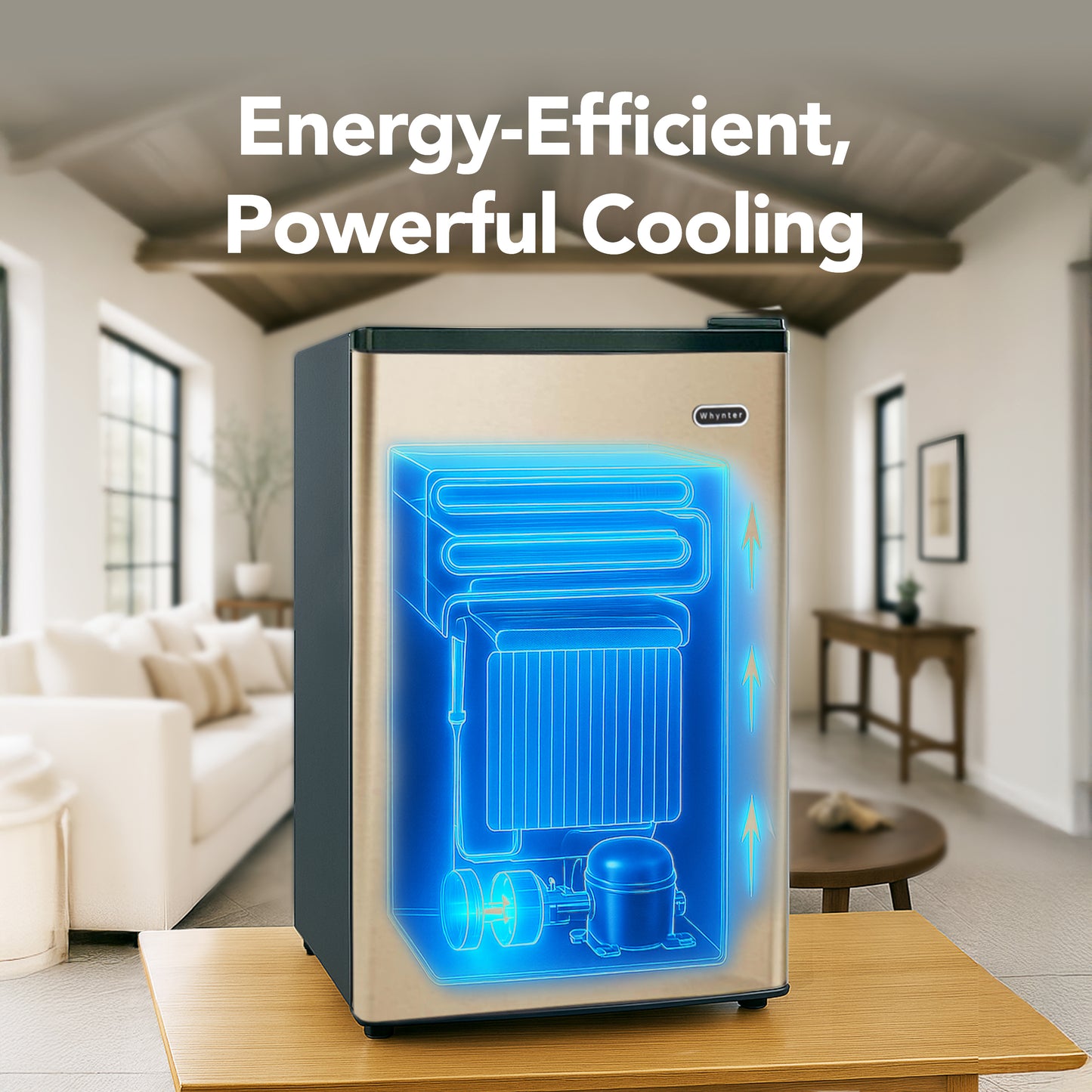 CUF‑210SSG Refrigerator with energy-efficient cooling text in a living room setting