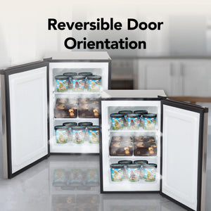 CUF-210SS Small refrigerator with reversible door orientation feature, showing ice cream containers inside.