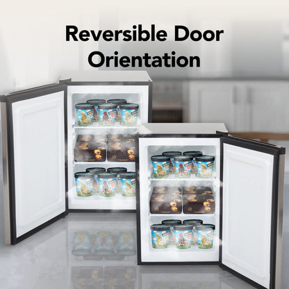 CUF-210SS Small refrigerator with reversible door orientation feature, showing ice cream containers inside.