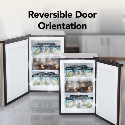 CUF‑210SSG Small refrigerator with reversible door orientation feature, showing ice cream containers inside.