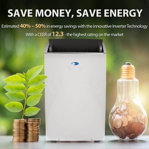 Inverter with energy-saving text and visuals of a plant, coins, and light bulb.