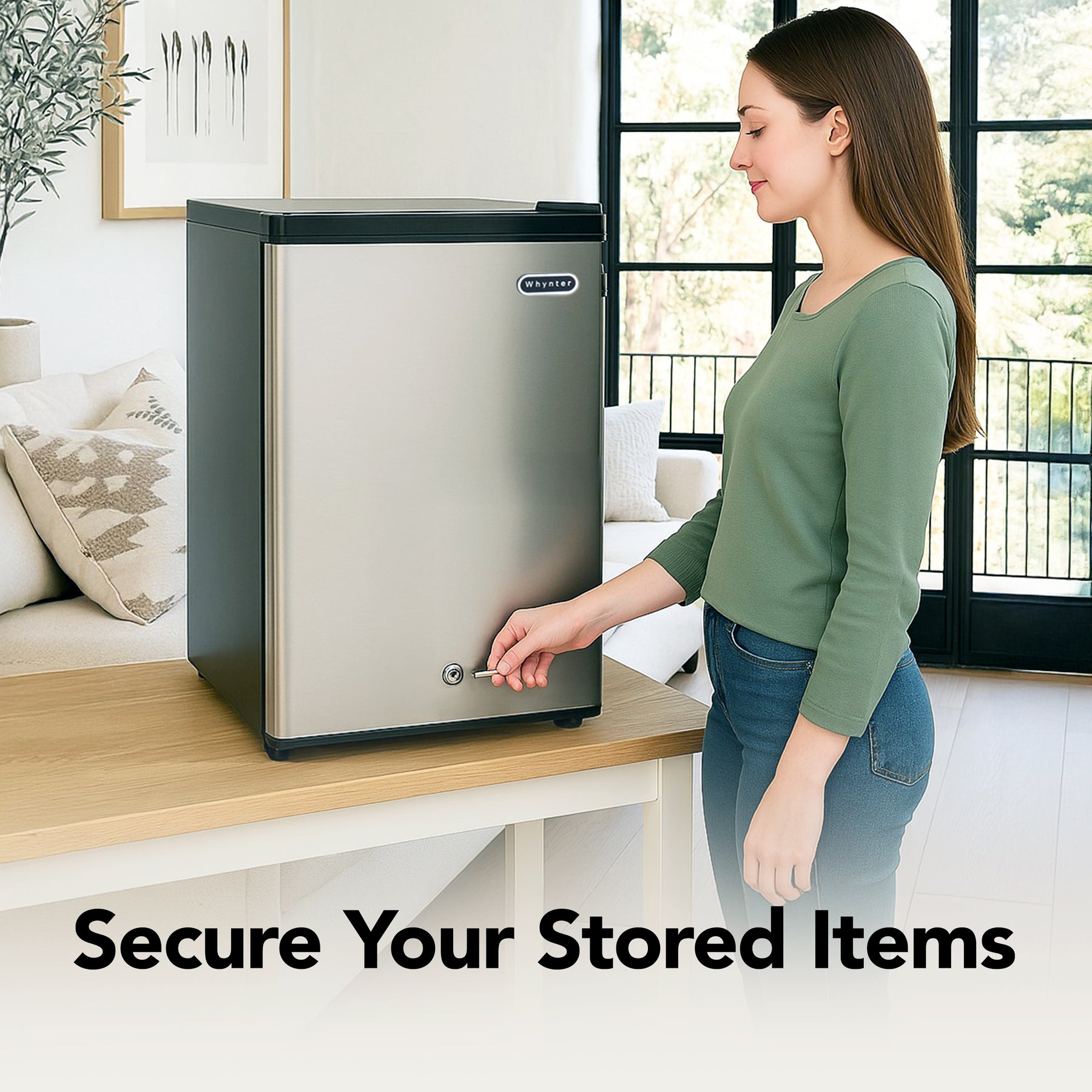 CUF-210SS Woman opening a small refrigerator in a living room with text 'Secure Your Stored Items'.