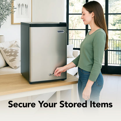 CUF-210SS Woman opening a small refrigerator in a living room with text 'Secure Your Stored Items'.