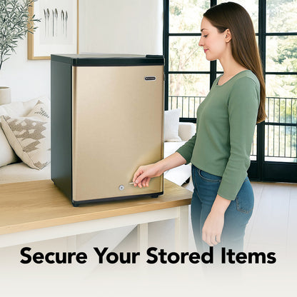CUF‑210SSG Woman opening a small refrigerator in a bright living room with text 'Secure Your Stored Items'.