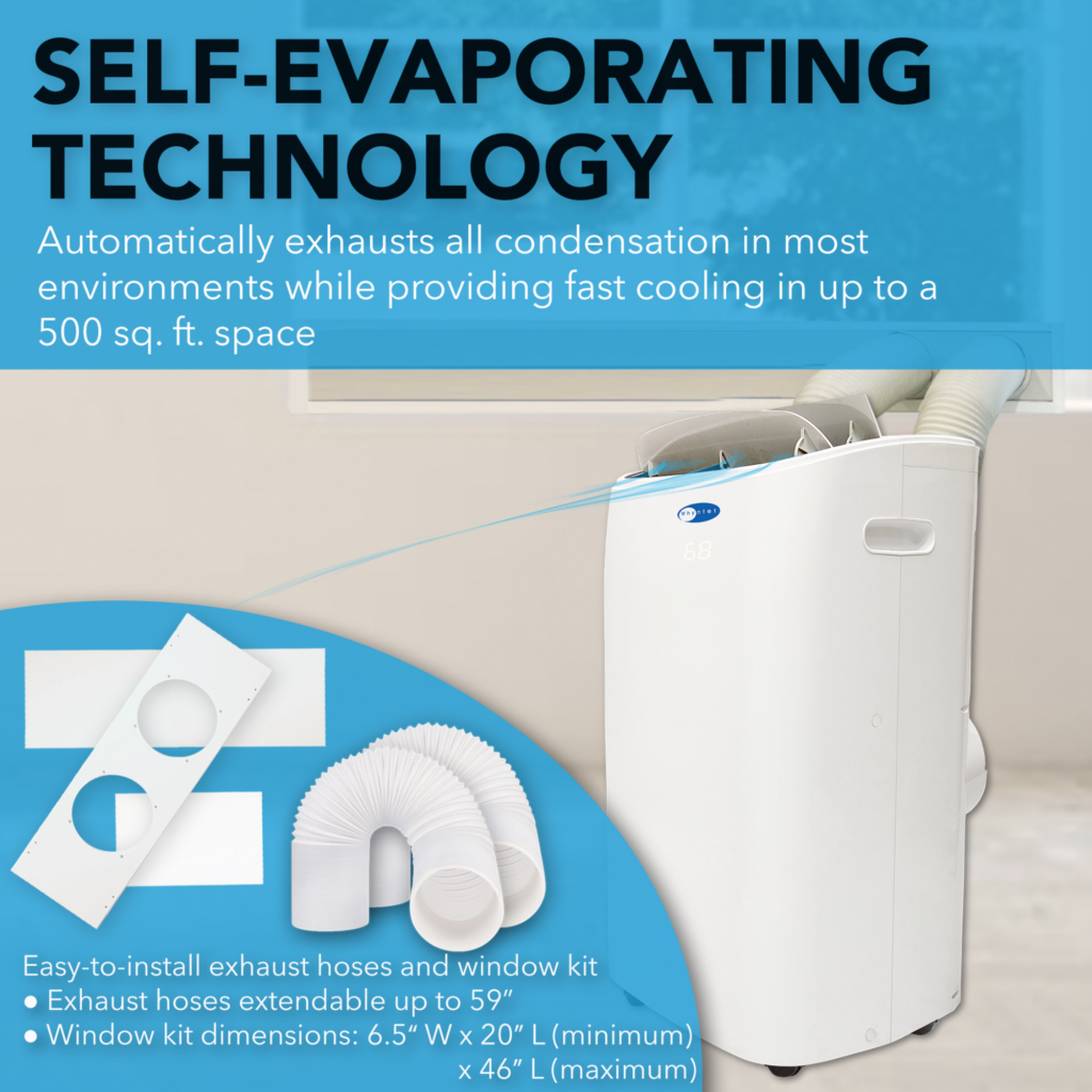 Dehumidifier with text about self-evaporating technology and features.