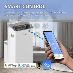 Smart air conditioner with smartphone control in a room setting, featuring connectivity logos.