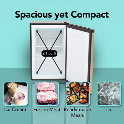 CUF‑210SSG Small refrigerator with open door showing interior space, labeled '2.1 cu.