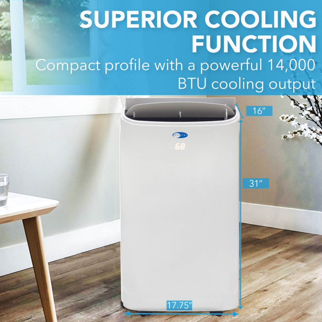 Portable air conditioner with text highlighting its cooling function and specifications in a room setting.