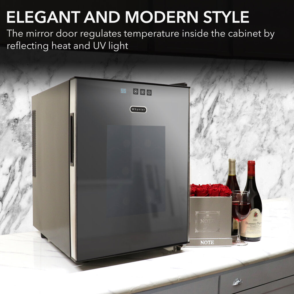 Whynter WC‑201TD 20‑Bottle Thermoelectric Wine Cooler – Mirror Glass Door, Freestanding
