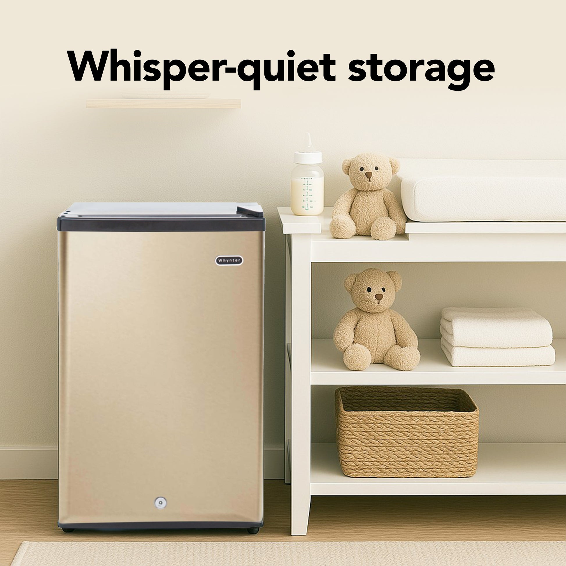 CUF‑210SSG Beige storage unit next to a white shelf with teddy bears and a basket, labeled 'Whisper-quiet storage'.