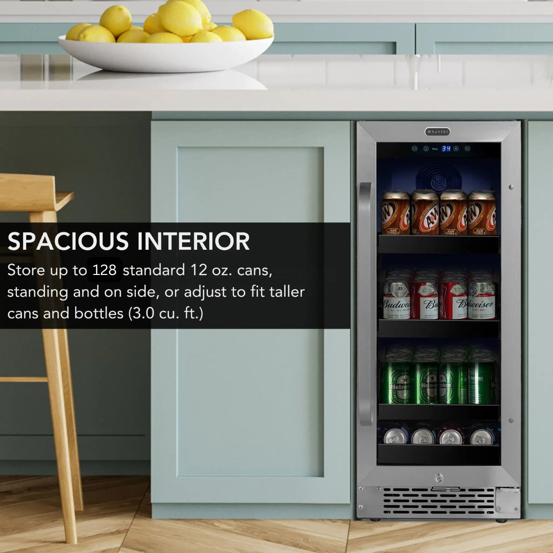 Whynter BBR-838SB 15” Built-In Beverage Refrigerator – 128 Can Stainless Steel Undercounter Fridge with Glass Door, Lock & LED Lighting