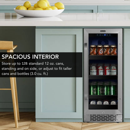 Whynter BBR-838SB 15” Built-In Beverage Refrigerator – 128 Can Stainless Steel Undercounter Fridge with Glass Door, Lock & LED Lighting