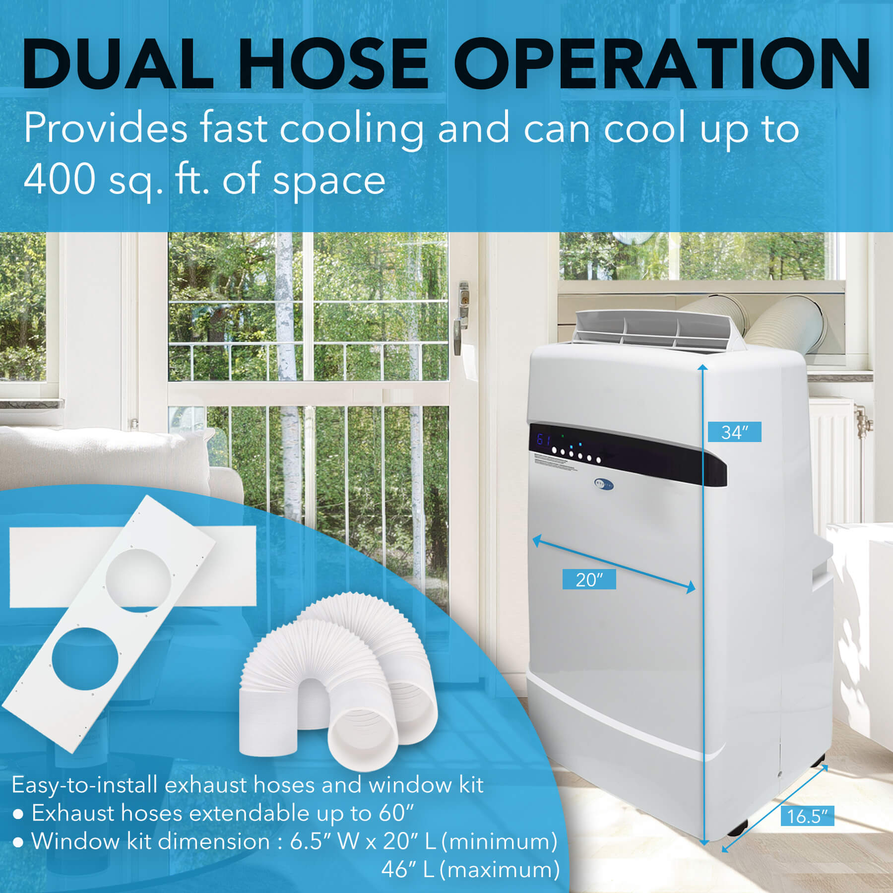 Whynter 12,000 BTU Dual Hose Portable Air Conditioner, Dehumidifier & Fan  | ARC-12SD