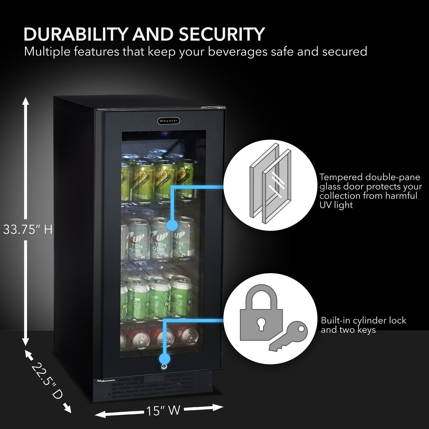 Whynter BBR-801BG 15” Built-In Beverage Refrigerator – 128 Can Black Glass Undercounter Fridge with Digital Control, Lock & LED Lighting