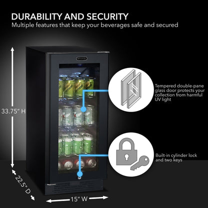 Whynter BBR-801BG 15” Built-In Beverage Refrigerator – 128 Can Black Glass Undercounter Fridge with Digital Control, Lock & LED Lighting