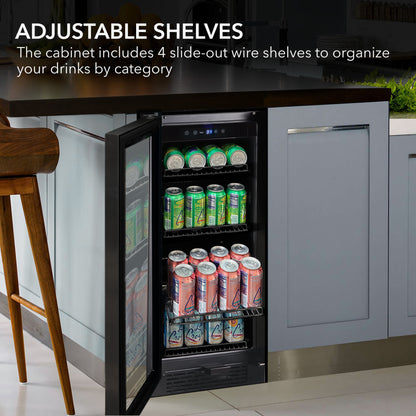 Whynter BBR-801BG 15” Built-In Beverage Refrigerator – 128 Can Black Glass Undercounter Fridge with Digital Control, Lock & LED Lighting