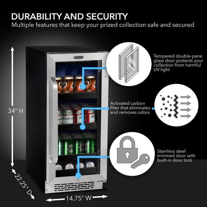 Whynter BBR-838SB 15” Built-In Beverage Refrigerator – 128 Can Stainless Steel Undercounter Fridge with Glass Door, Lock & LED Lighting