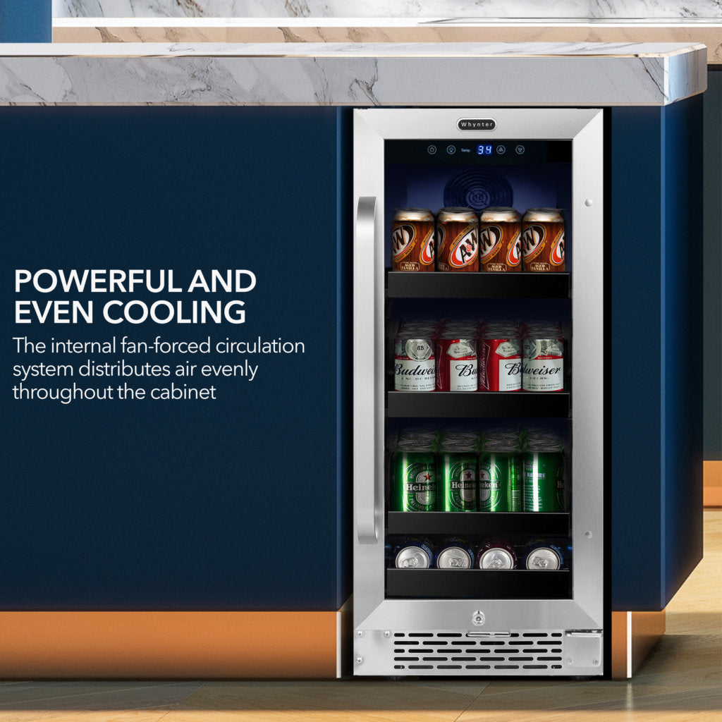 Whynter BBR-838SB 15” Built-In Beverage Refrigerator – 128 Can Stainless Steel Undercounter Fridge with Glass Door, Lock & LED Lighting