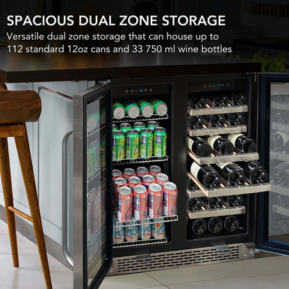 Whynter BWB-3388FDS 30” Built-In French Door Dual Zone Wine & Beverage Refrigerator – 33 Bottle & 88 Can Stainless Steel Beverage Center