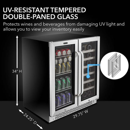 Whynter BWB-3388FDS 30” Built-In French Door Dual Zone Wine & Beverage Refrigerator – 33 Bottle & 88 Can Stainless Steel Beverage Center