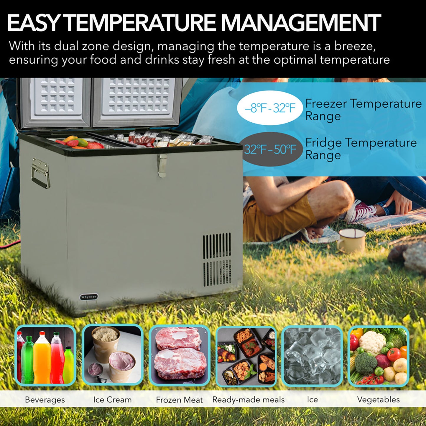Whynter FM-901DZ 90 Quart Dual Zone Portable Fridge & Freezer – 12V/110V AC, Wheeled Travel Cooler, -8°F to 50°F